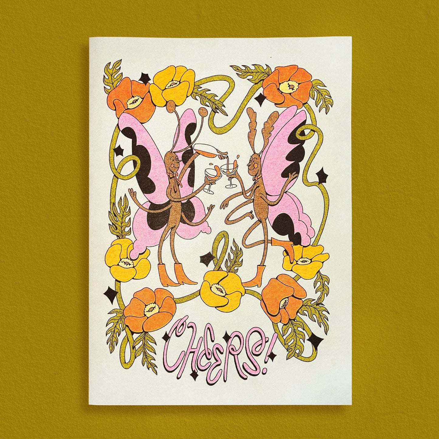 Riso Print: Butterfly Cheers Greeting Card in Bright Pink