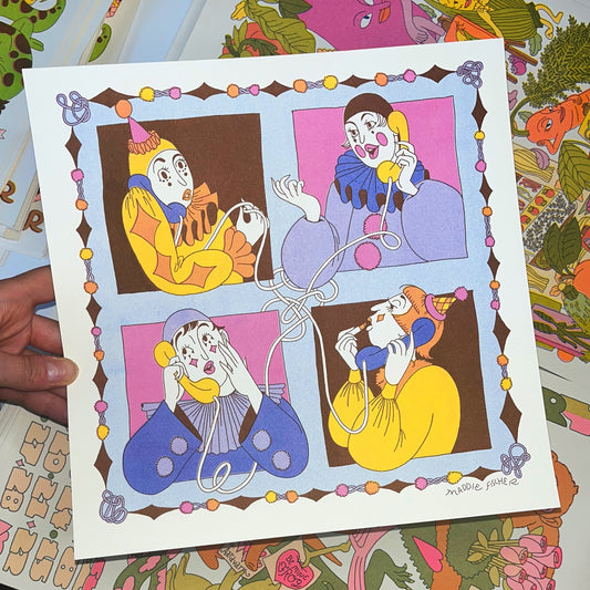Riso Print: Clown Conference Call in Warm Primary