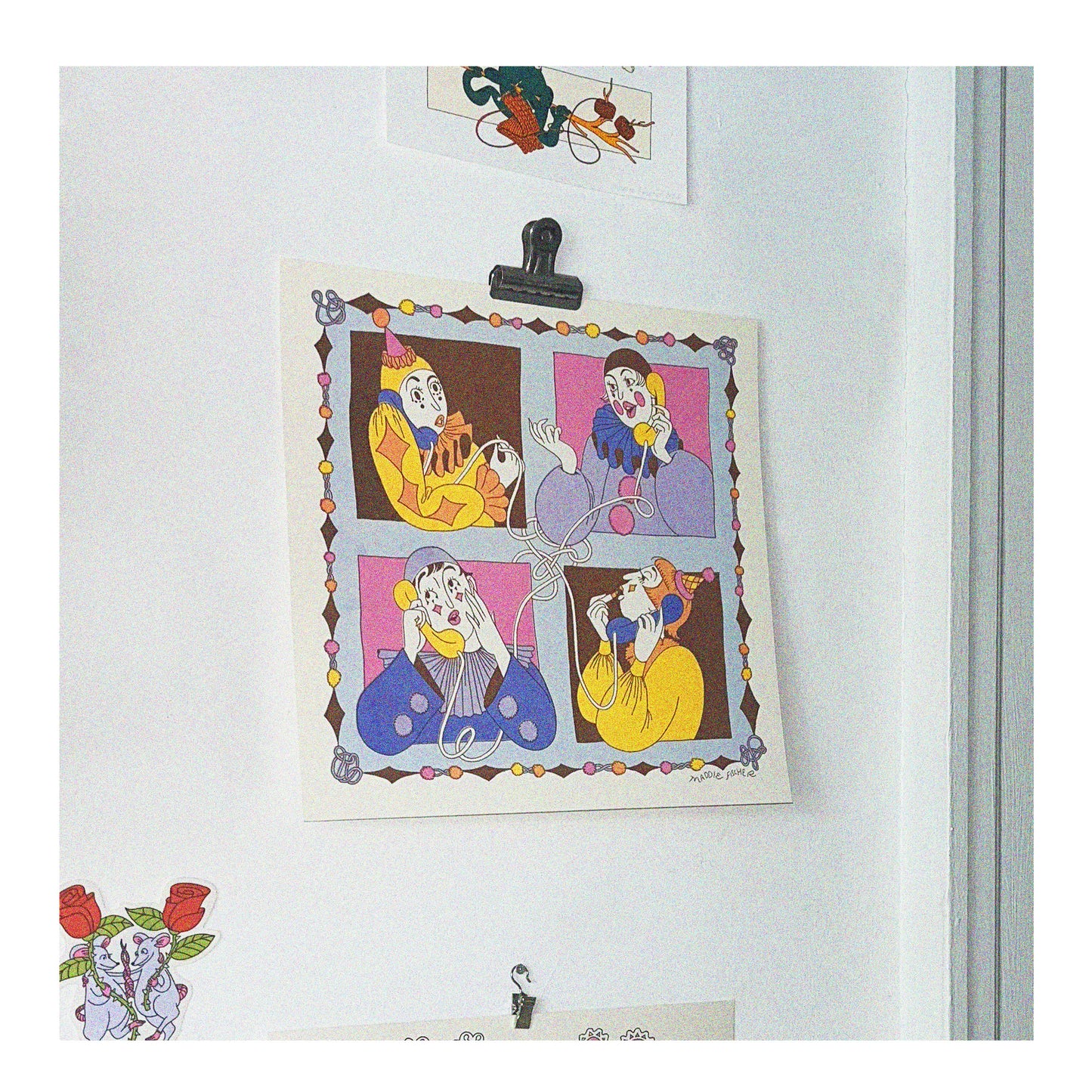 Riso Print: Clown Conference Call in Warm Primary