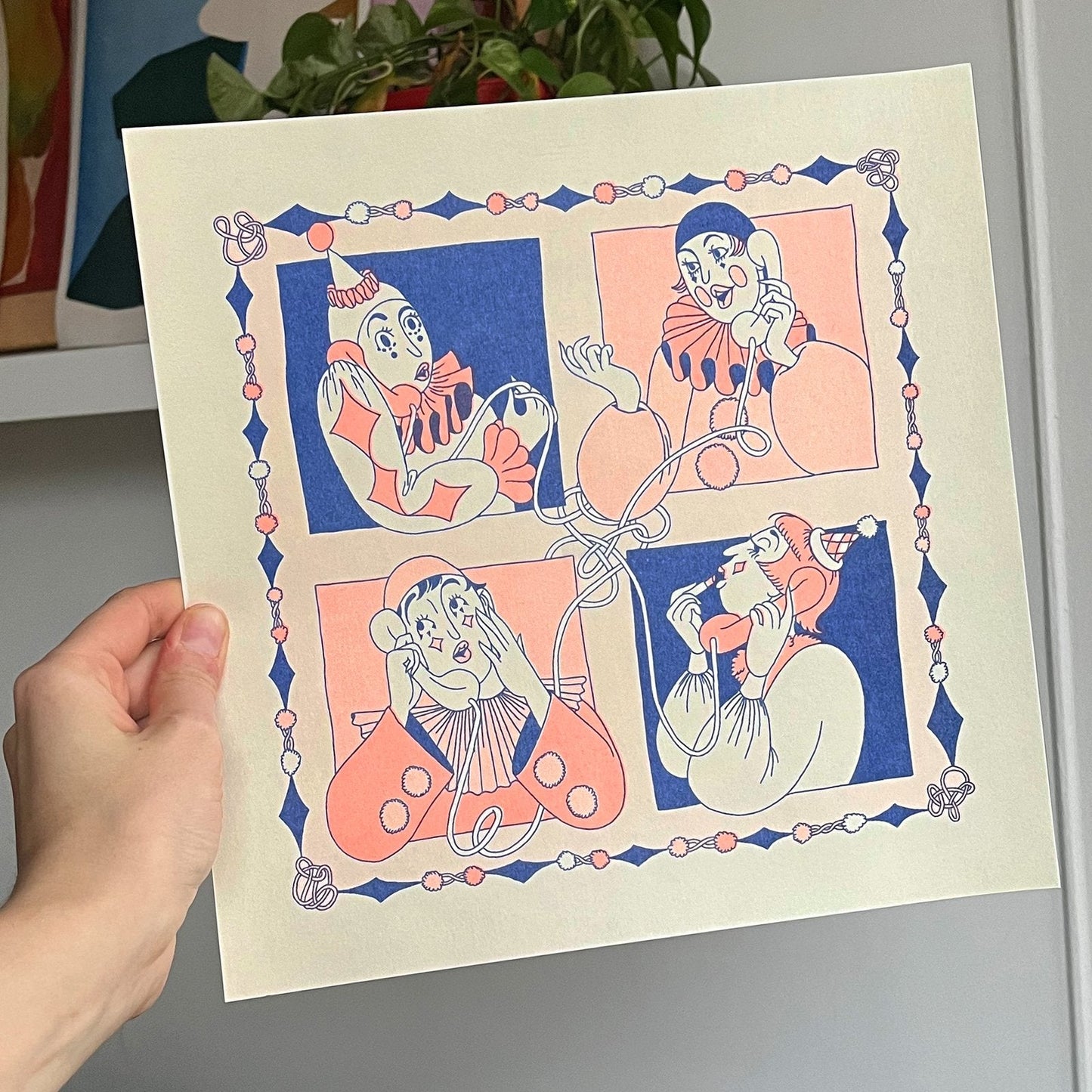 Riso Print: Clown Conference Call in Flo Orange & Blue