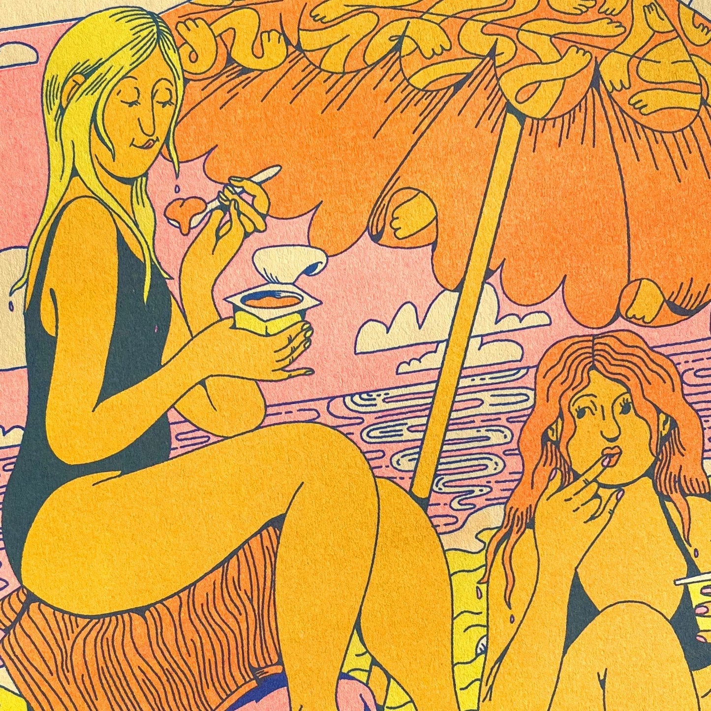 Riso Print: Pudding on the Beach in Peach & Blue