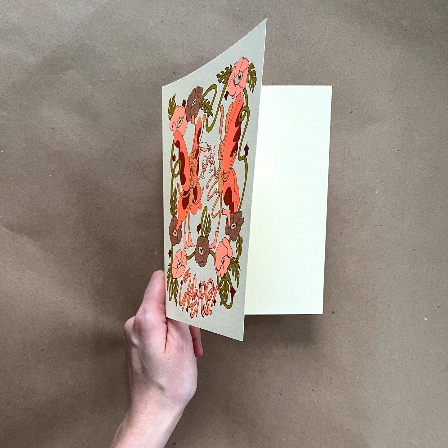 Riso Print: Butterfly Cheers Greeting Card in Bright Olive