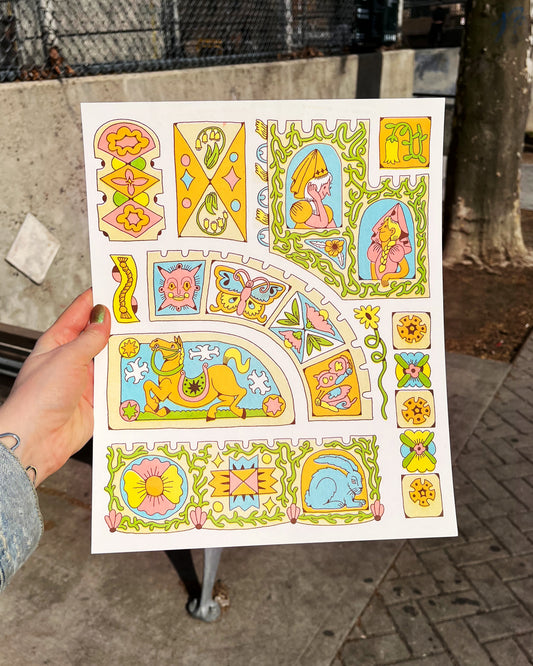 Riso Print: Castle Panels in Aqua/Peach