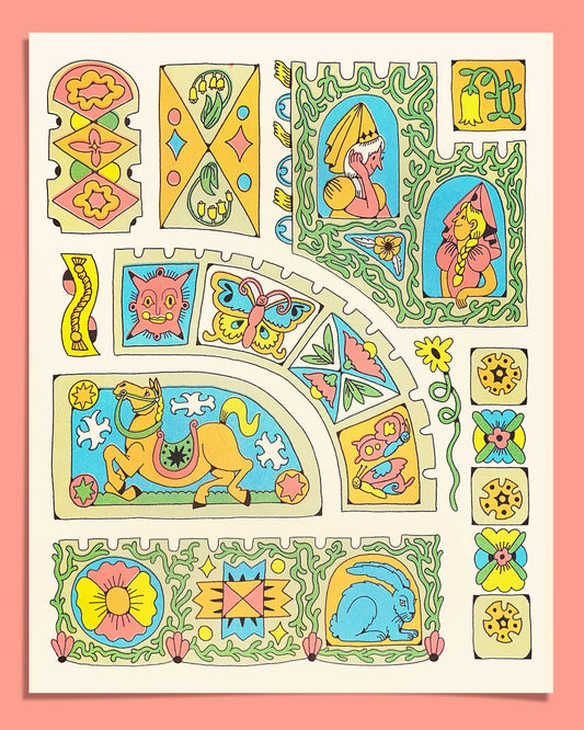 Riso Print: Castle Panels in Aqua/Peach