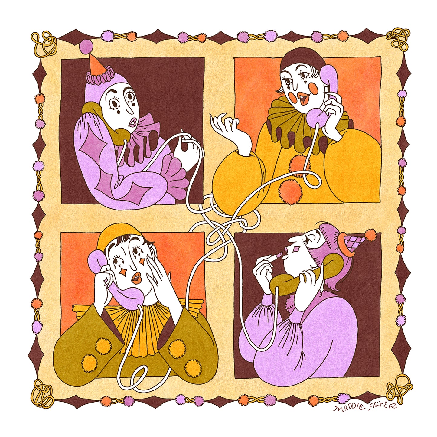 Glicee Prints: Clown Conference Call in Olive & Orchid