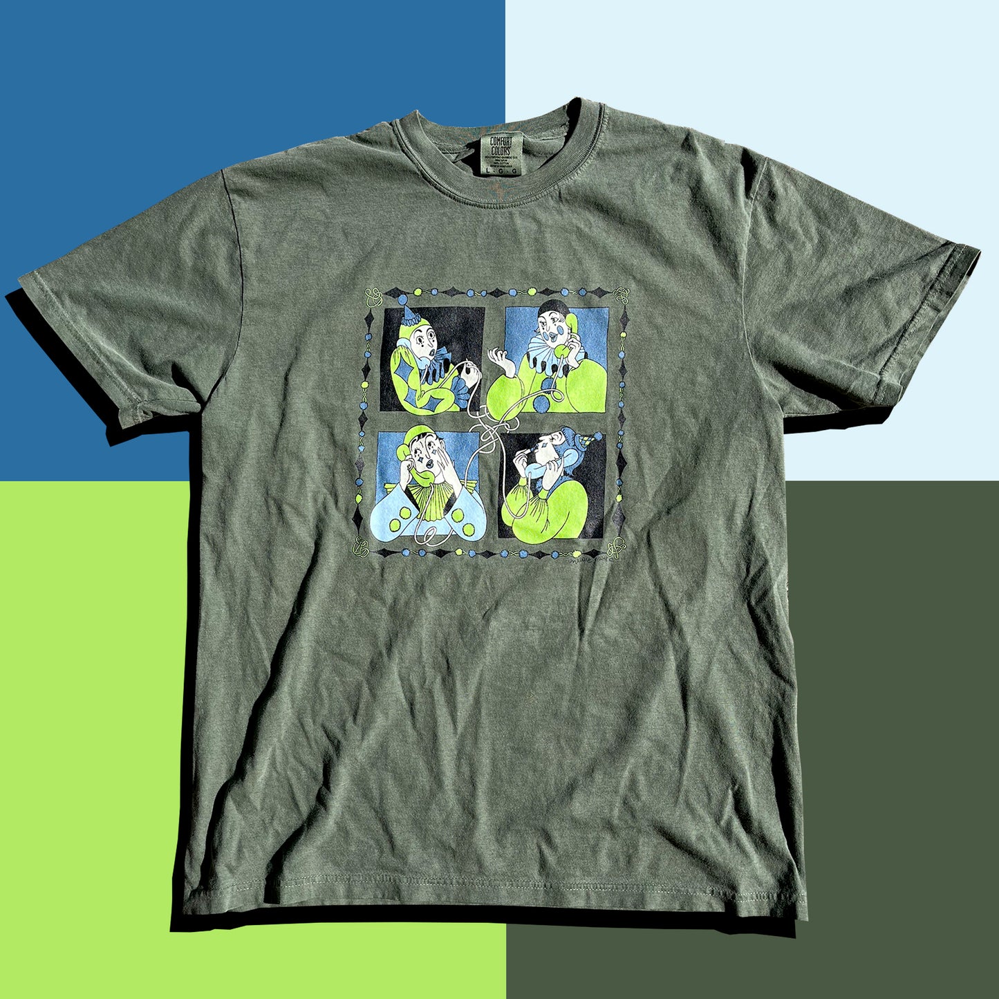 Clown Conference Call Tshirt in Green Blue