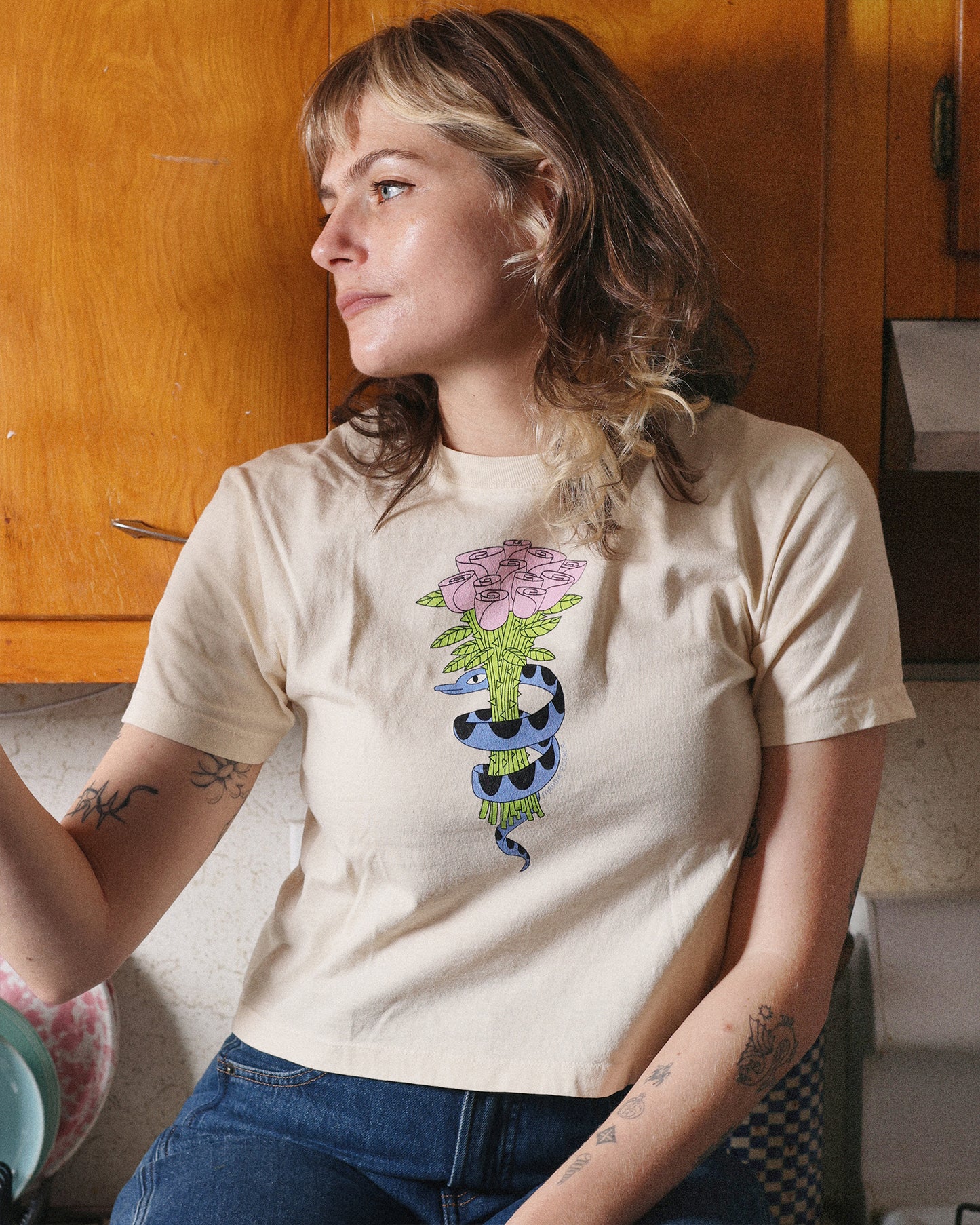Snake Bouquet Boxy Tee in Ivory