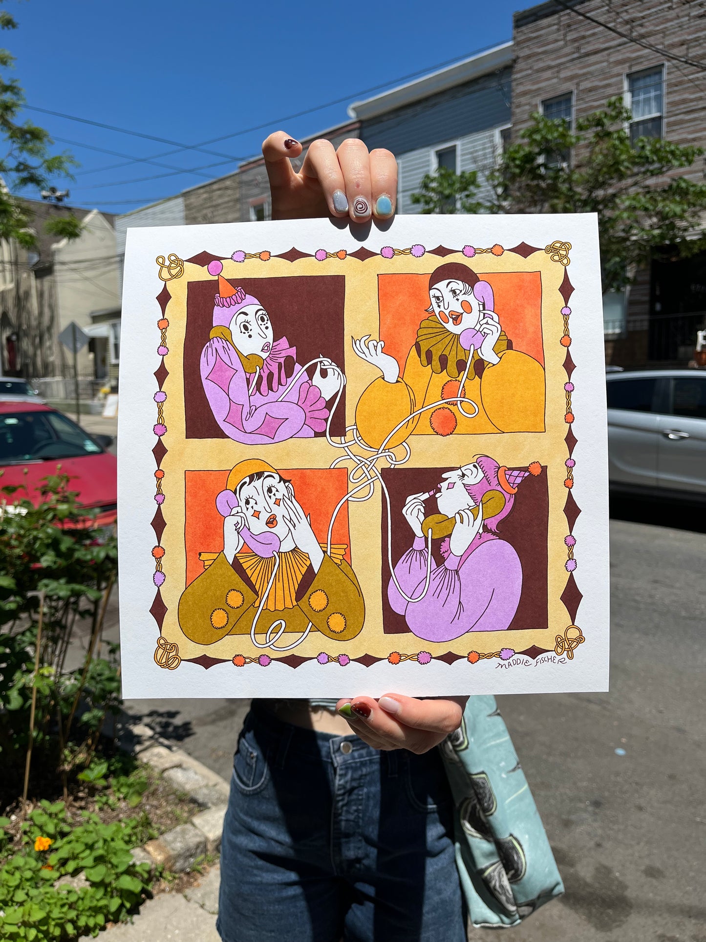 Glicee Prints: Clown Conference Call in Olive & Orchid
