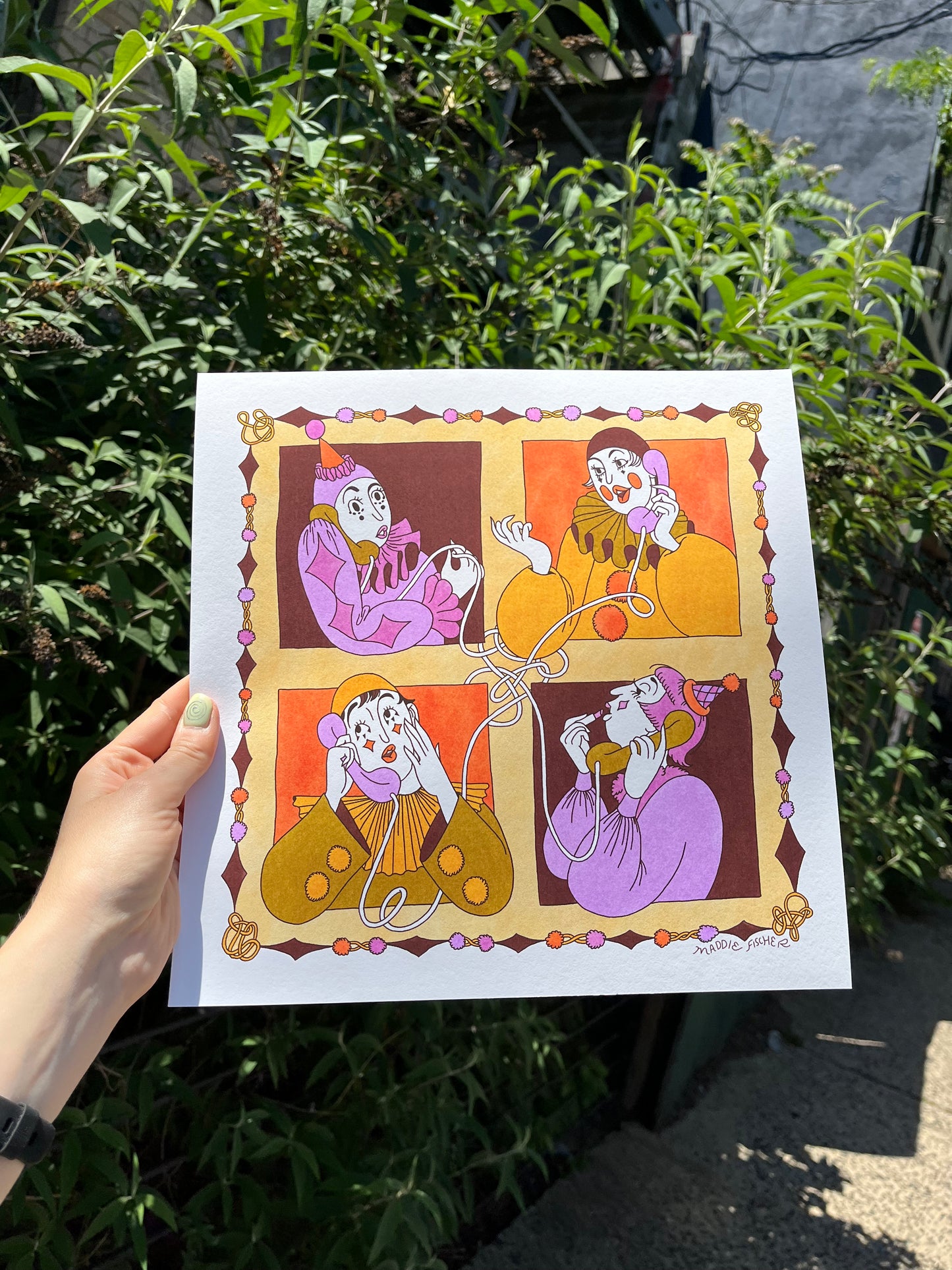 Glicee Prints: Clown Conference Call in Olive & Orchid