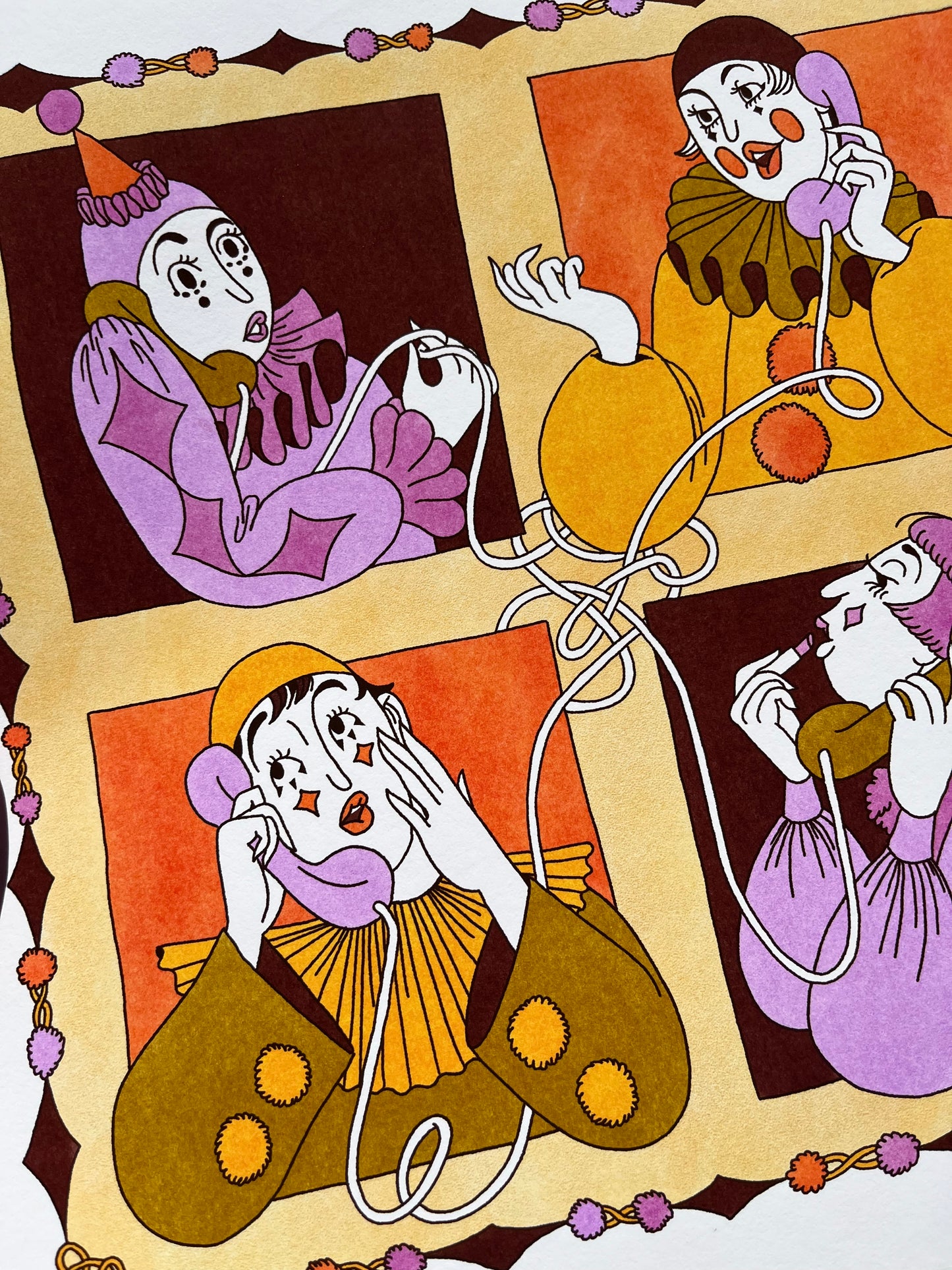 Glicee Prints: Clown Conference Call in Olive & Orchid